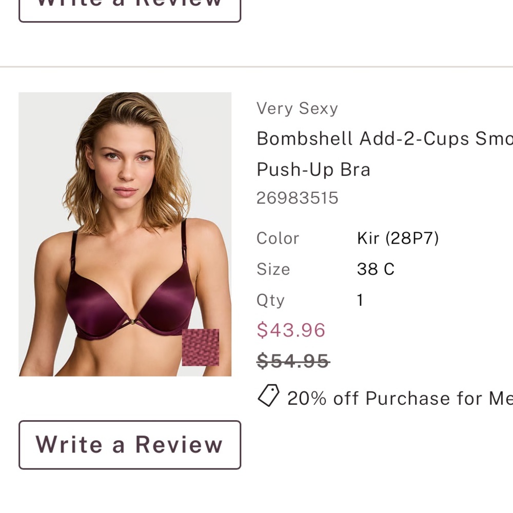 NWT Victoria’s Secret Very Sexy Bombshell Add-2-Cups Smooth Push-Up Bra 38C